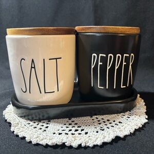 Rae Dunn by Magenta SALT and PEPPER Black White Ceramic Cellars Tray Wood Lids